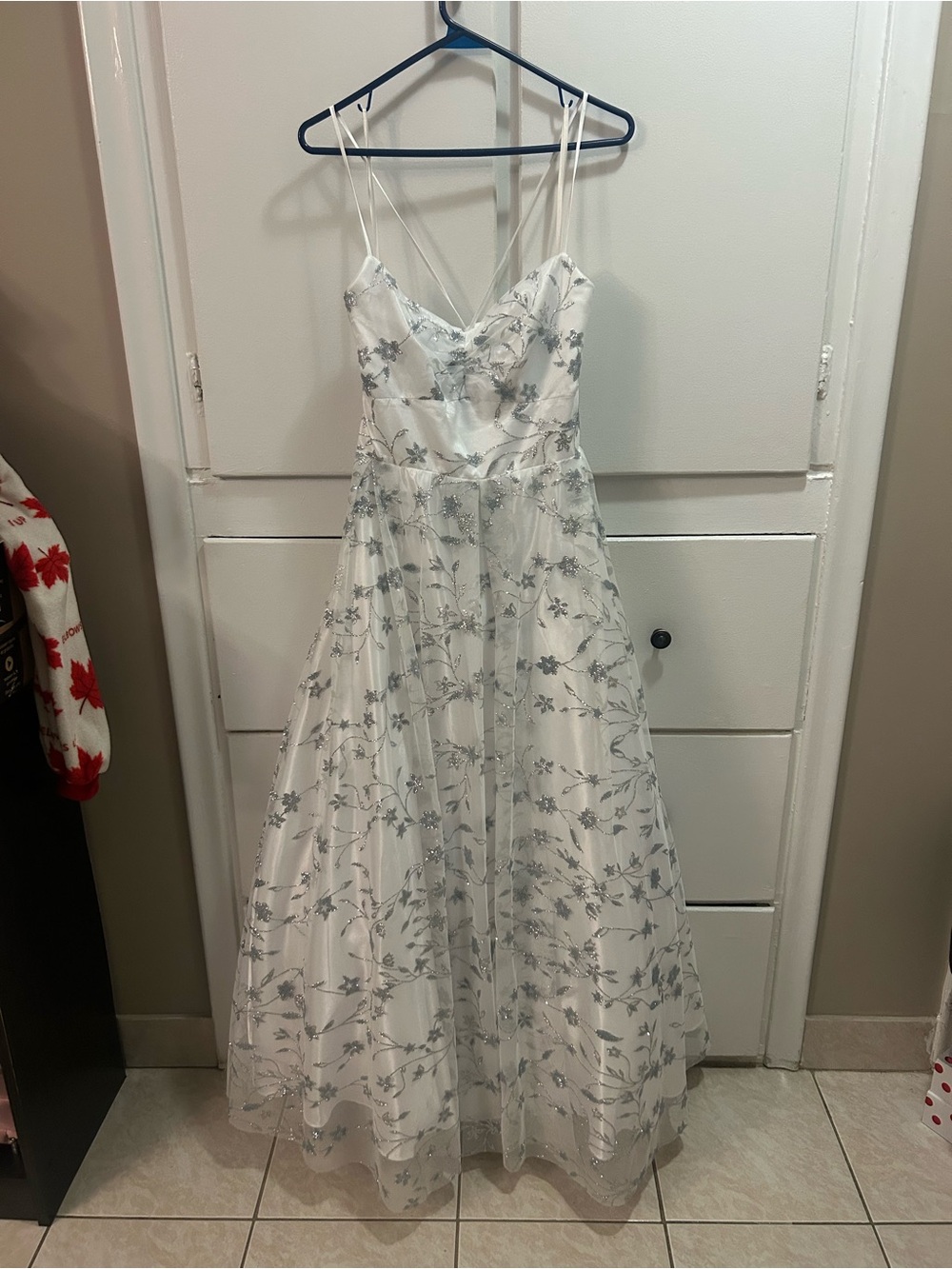 White Maxi Dress with Silver Floral Embroidery